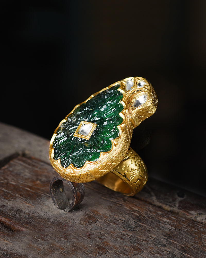 24KT GOLD PAISLEY EMERALDS AND POLKI RING INSPIRED BY THE MUGHAL ERA