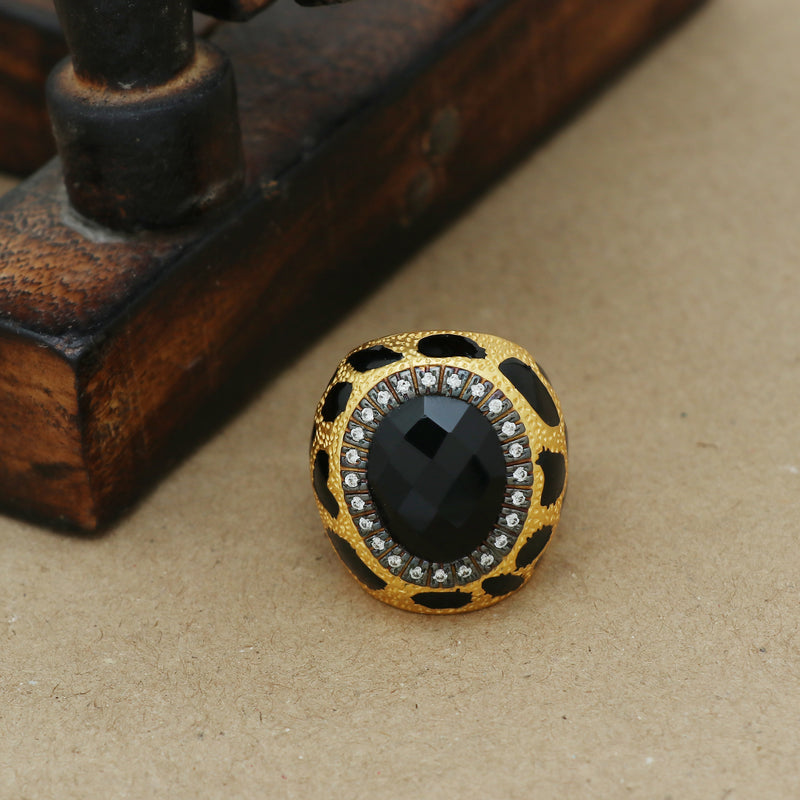 TIGER INSPIRED CHEQUERED BLACK ONYX RING