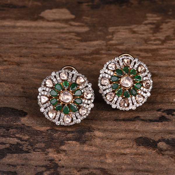 14K GOLD EMERALD AND DIAMOND POLKI STUDS