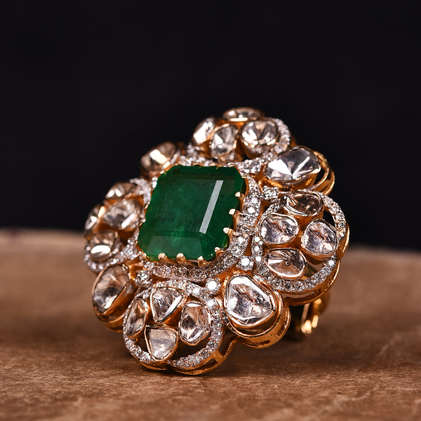 OPEN SETTING EMERALD AND POLKI RETRO RING