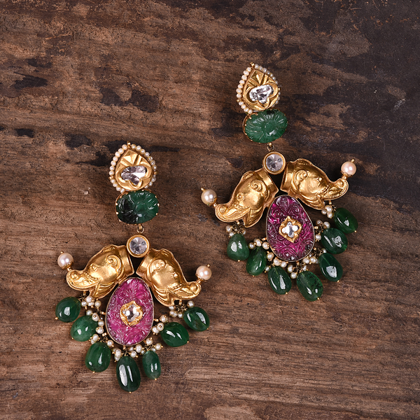 Statement Drop Earrings with Tourmaline and Emerald Beads