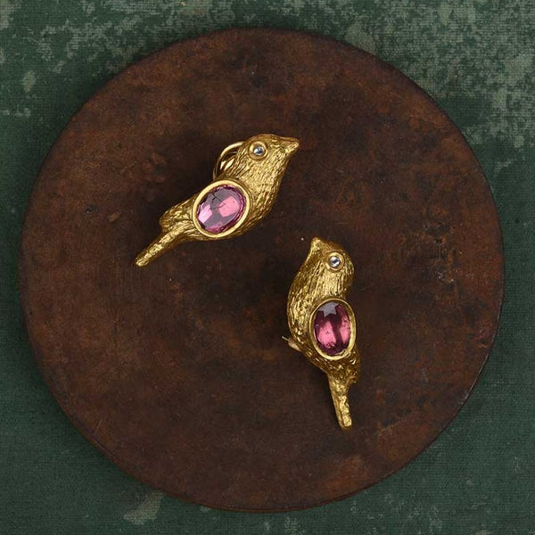 18/24KT GOLD WITH PINK TOURMALINE BIRD EARRINGS