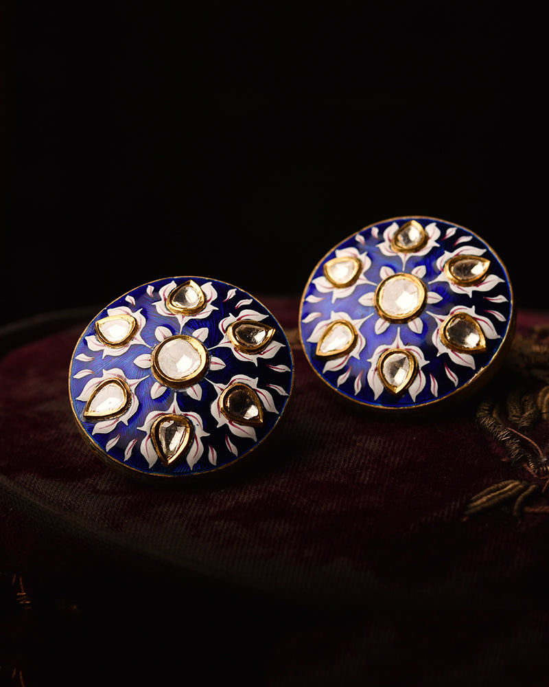 THE JAIPUR BLUE POTTERY EAR STUDS IN GOLD AND POLKI