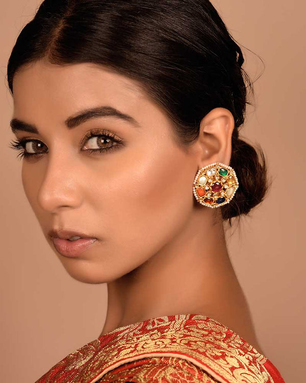 NAVRATNA WHEEL GOLD EAR STUDS