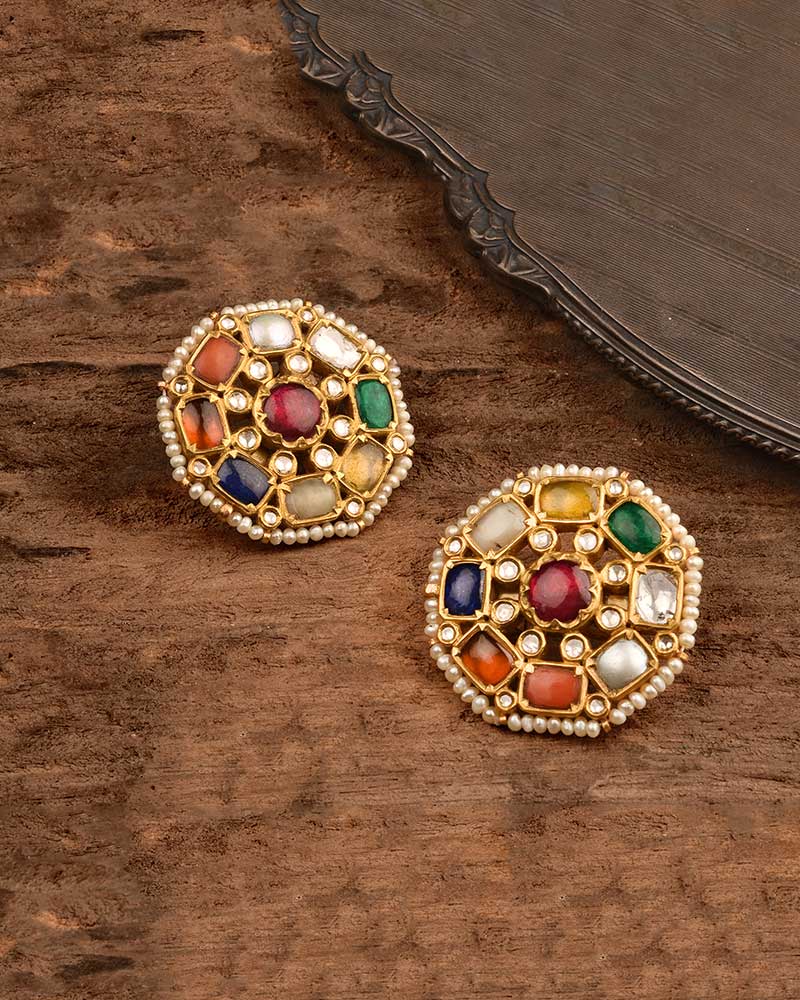 NAVRATNA WHEEL GOLD EAR STUDS