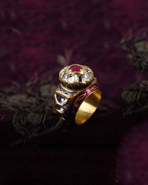 22KT GOLD ENAMEL POLKI DOME RING