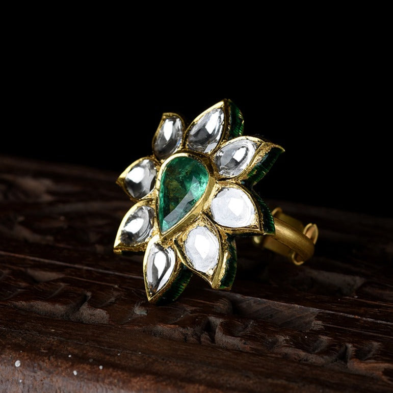 REGAL LOTUS EMERALD AND POLKI RING IN 22KT GOLD