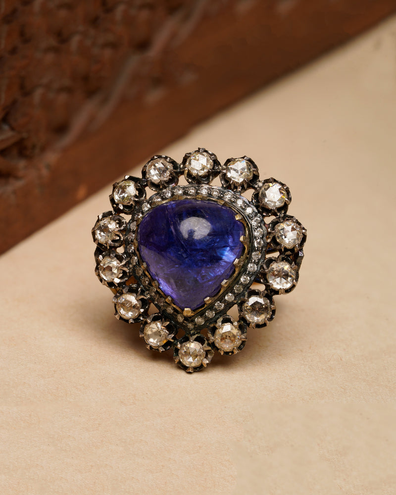 TANZANITE HEART RING WITH ROSECUT DIAMONDS SET IN SILVER AND 14KT GOLD