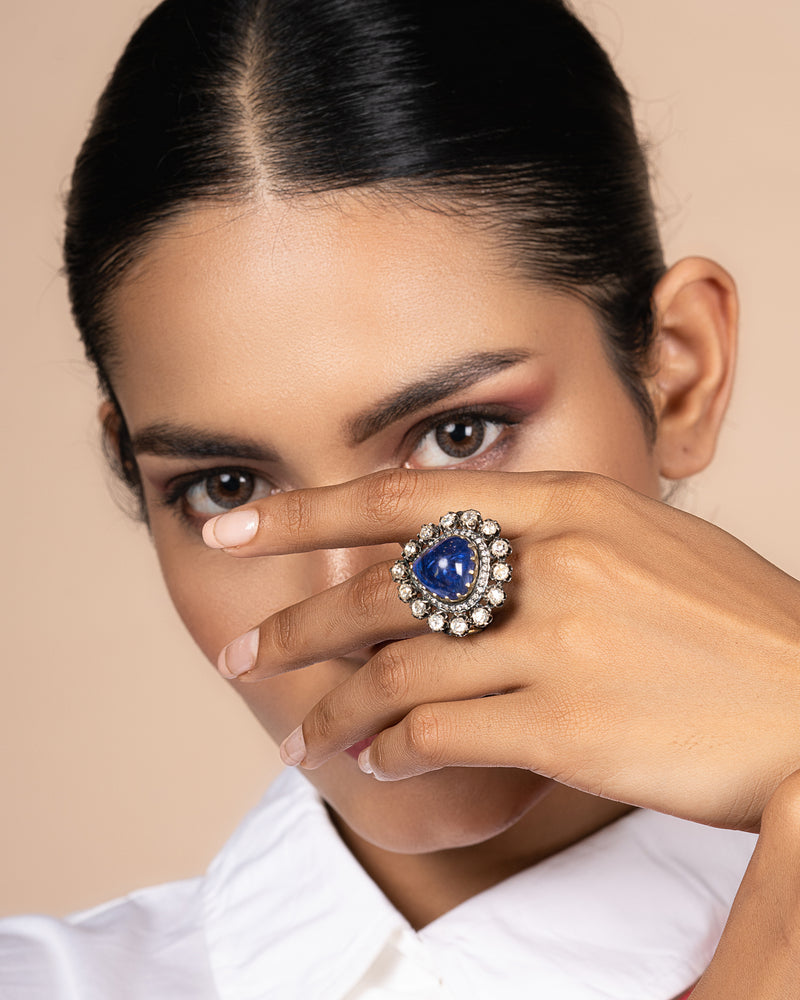 TANZANITE HEART RING WITH ROSECUT DIAMONDS SET IN SILVER AND 14KT GOLD