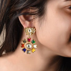 FLORAL PETAL NAVRATNA EARRINGS - STERLING SILVER